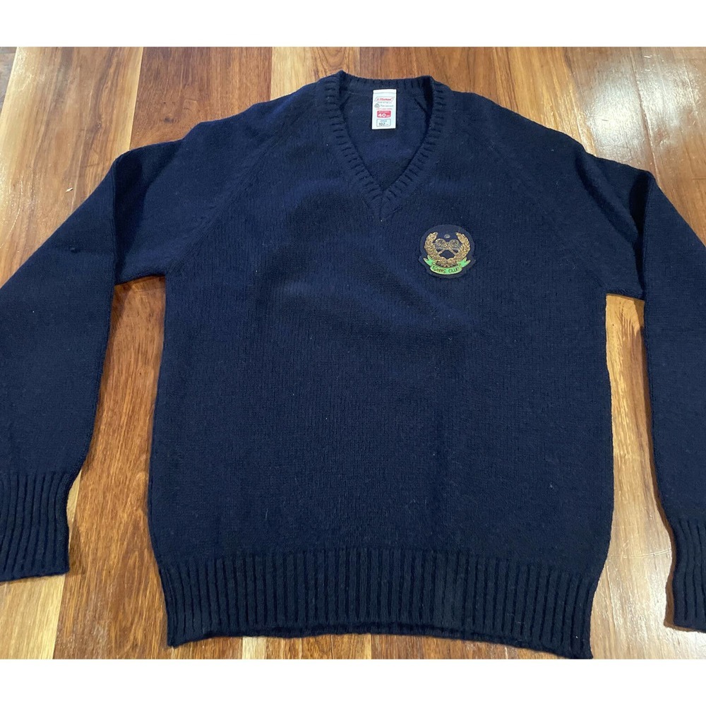 VTG St. Michael Shetland Wool Sweater V-Neck W/Tennis Club Patch Made In U.K.